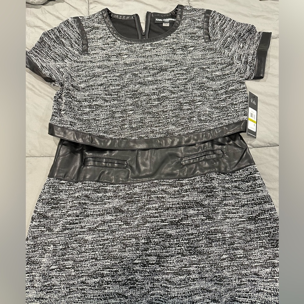 Karl Lagerfeld Women's Faux-Leather-Trim Knit Tweed Dress
